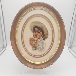 Vintage Handmade Petite Point Needlepoint Framed 6" x 4" Portrait Mexican Girl
